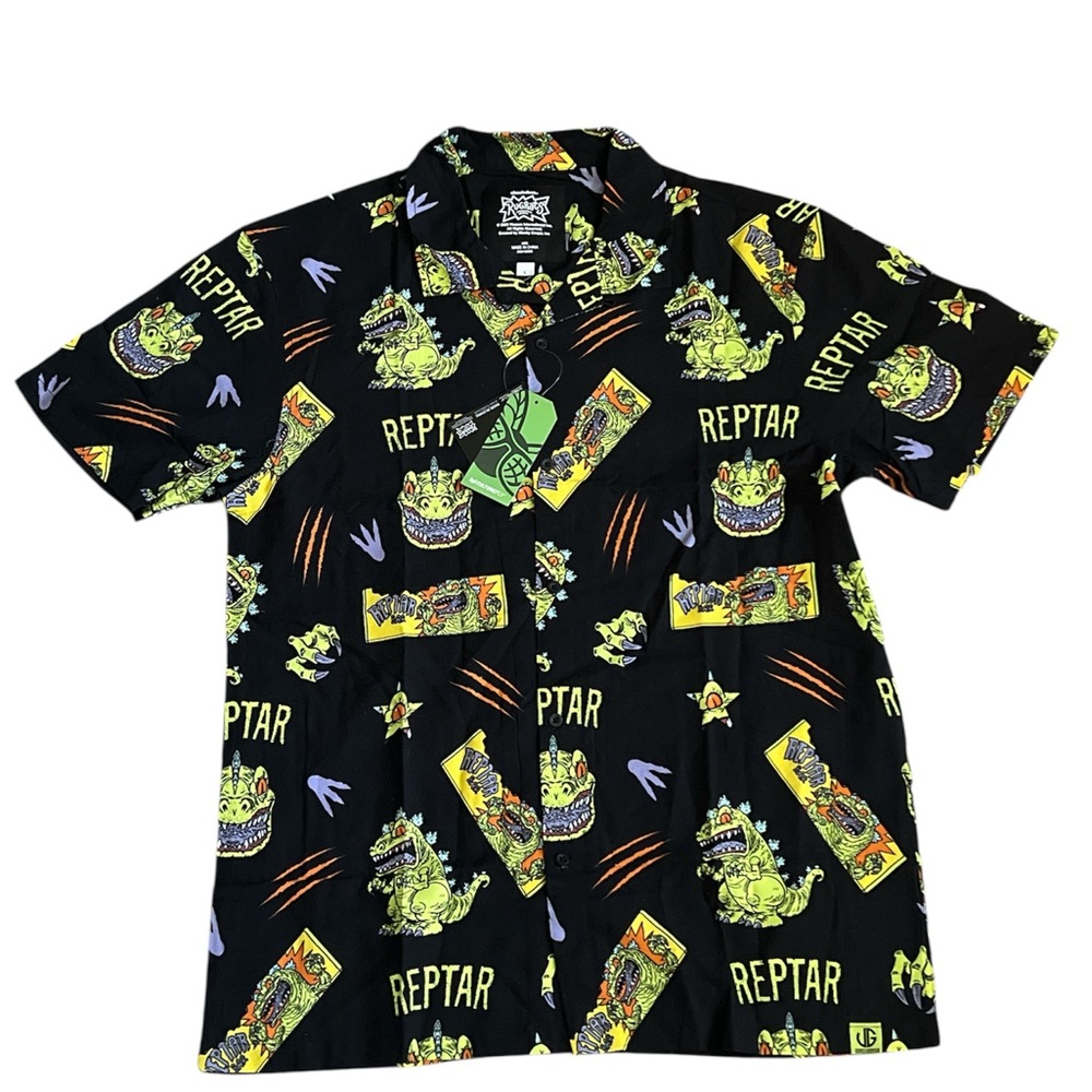 Rugrats Collared Shirt Mens Large Black Reptar‎ Hawaiian  Nickelodeon Adult NWT